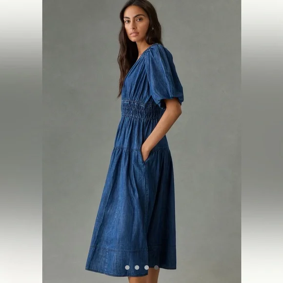 Anthropologie Smocked Puffed sleeve Denim Midi Dress - Picture 4 of 5